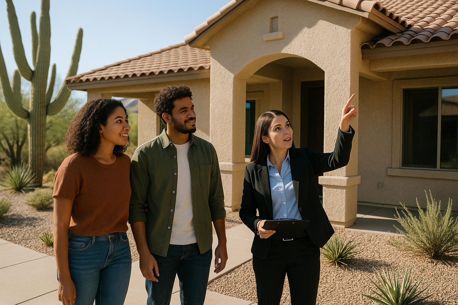 Couple reviewing home inspection report with real estate agent